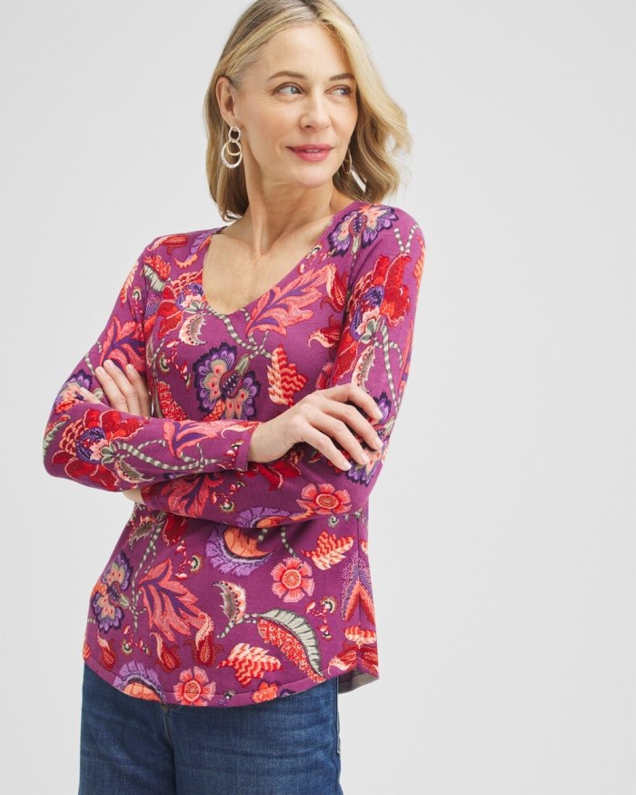 Women's Spun Rayon Floral V-neck Pullover - Ginger Rose - Click Image to Close