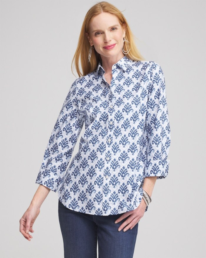 Women's No Iron Stretch Ikat Shirt - French Blue - Click Image to Close