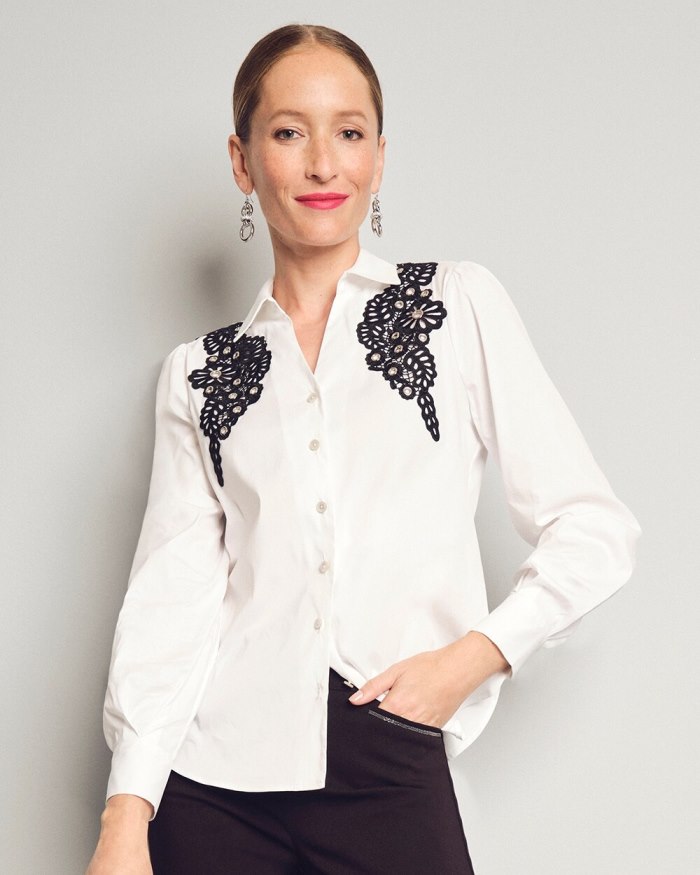 Women's Poplin Lace Applique Shirt - Alabaster - Click Image to Close