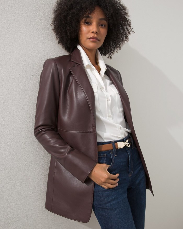 Women's Faux Leather Blazer - Cherry Brunette - Click Image to Close