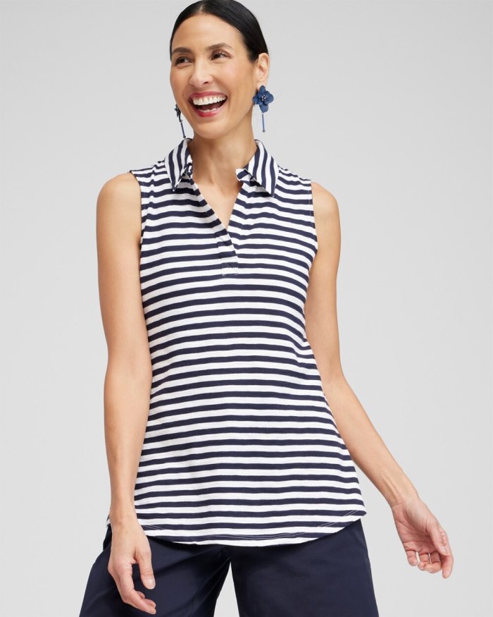 Women's Stripe Collared Tunic Tank - Classic Navy - Click Image to Close