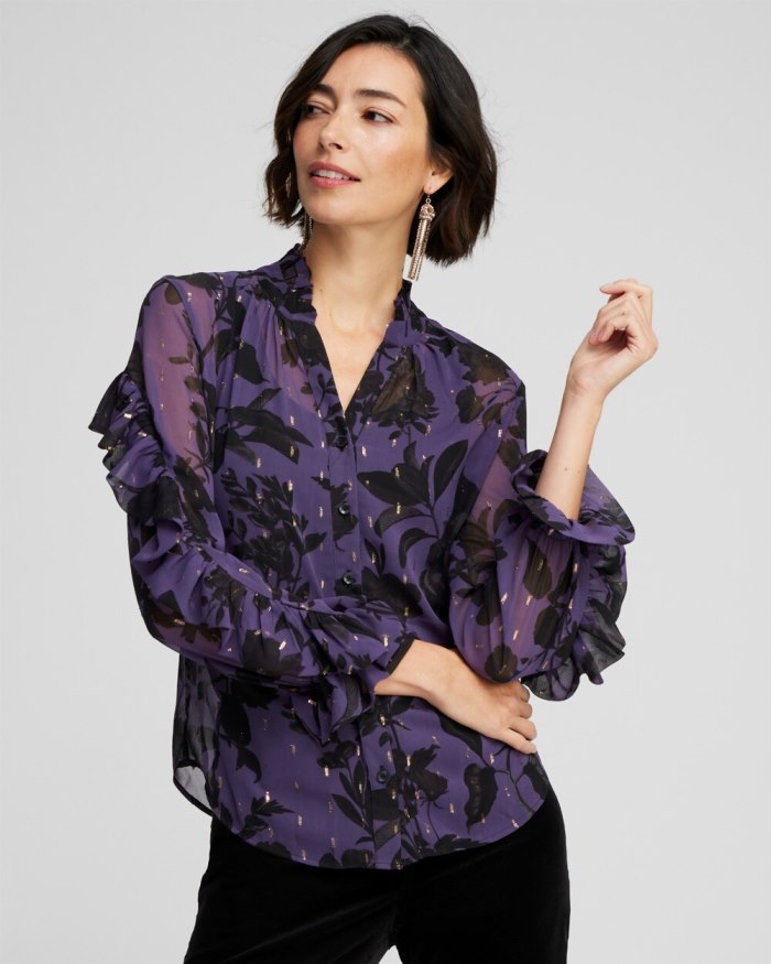 Women's Chiffon Ruffle Sleeve Blouse - Dewberry - Click Image to Close