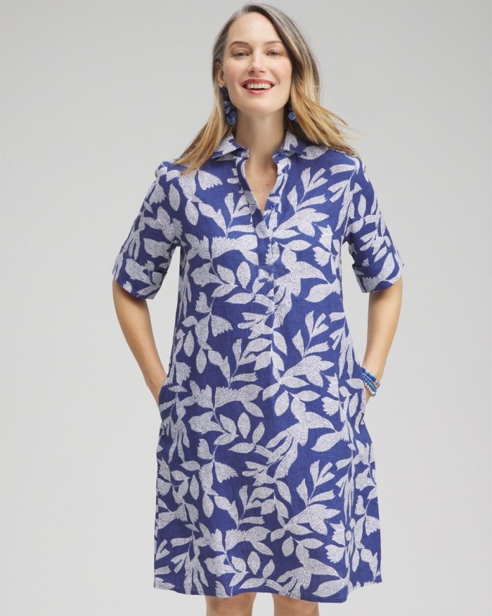 Women's Linen Leaf Print Popover Dress - Evening Eclipse