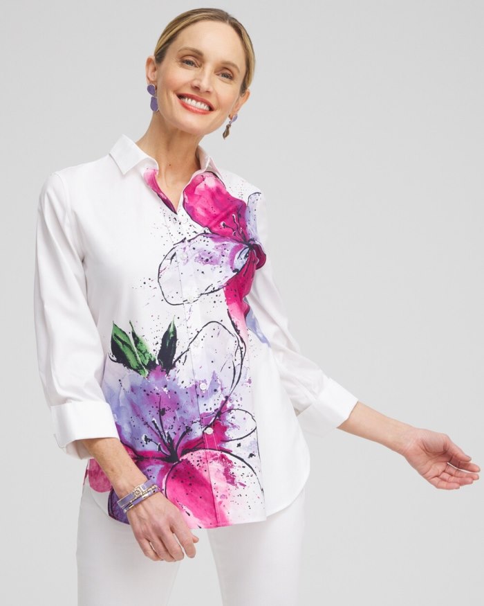 Women's No Iron Stretch Floral 3/4 Sleeve Shirt - Optic White - Click Image to Close