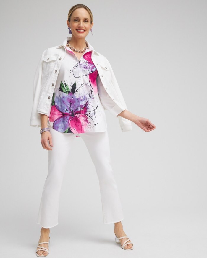 Women's No Iron Stretch Floral 3/4 Sleeve Shirt - Optic White