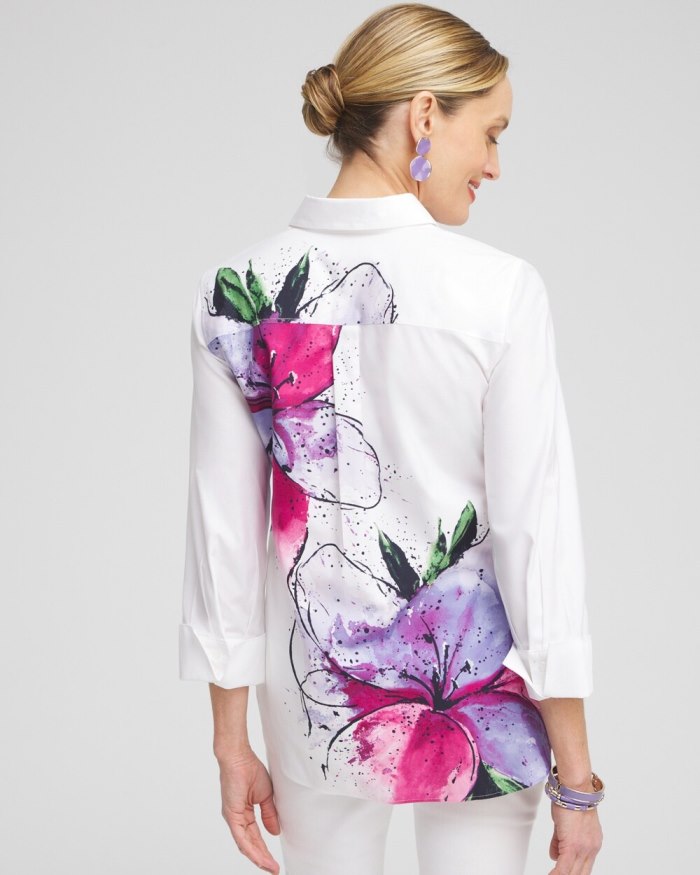 Women's No Iron Stretch Floral 3/4 Sleeve Shirt - Optic White