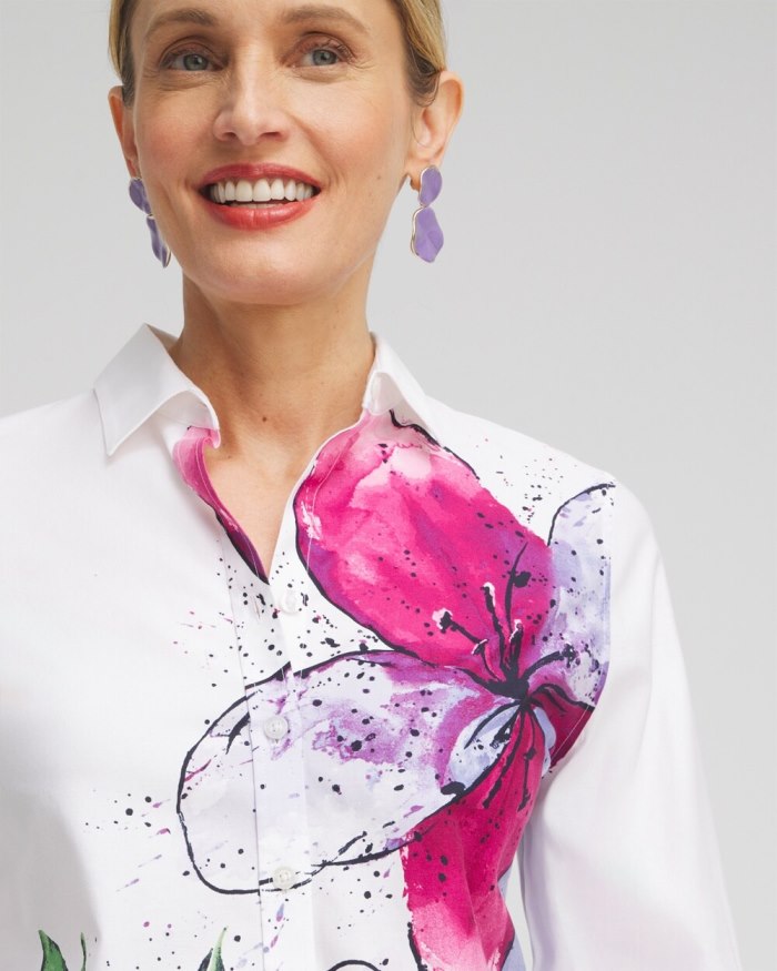 Women's No Iron Stretch Floral 3/4 Sleeve Shirt - Optic White