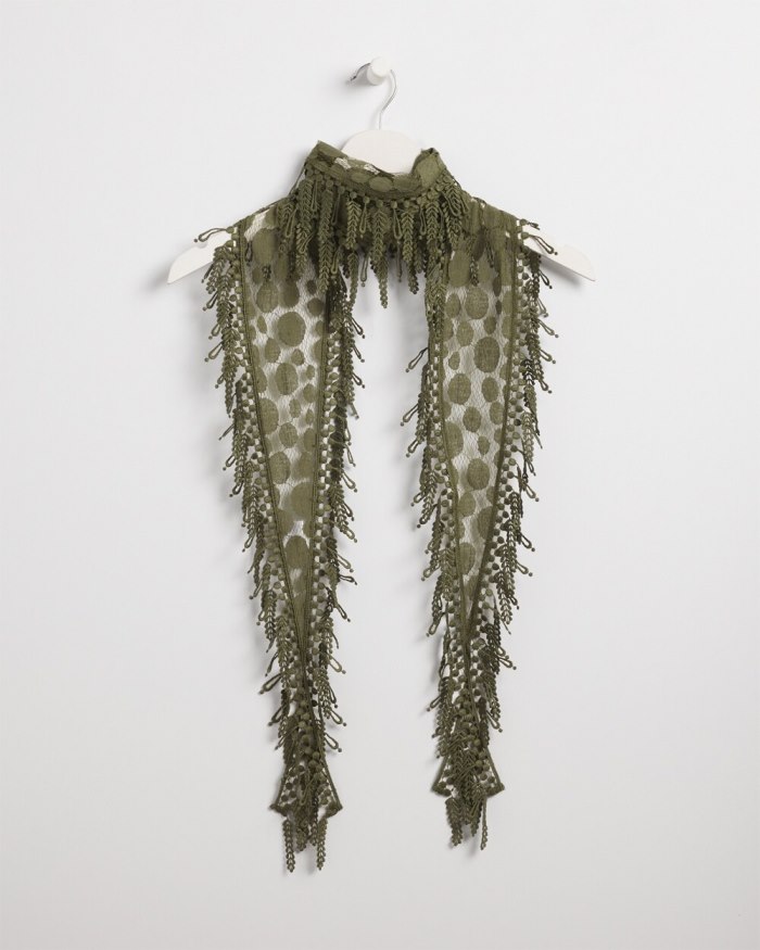 Women's Lace Fringe Scarf - Olive - Click Image to Close