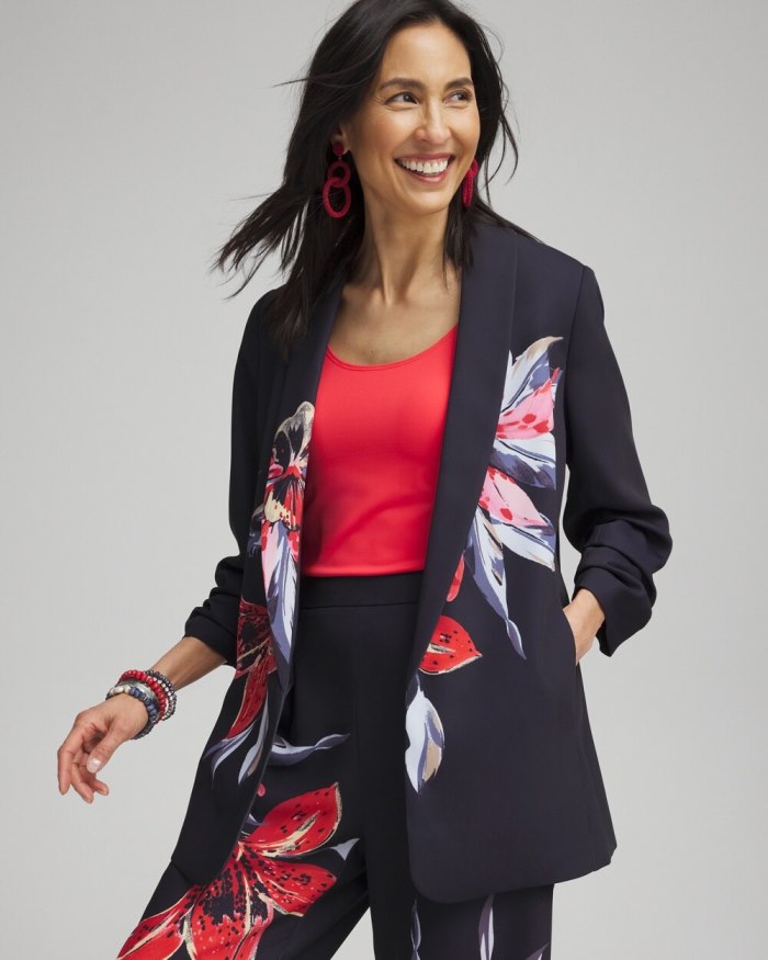 Women's Floral Ruched Sleeve Soft Jacket - Classic Navy