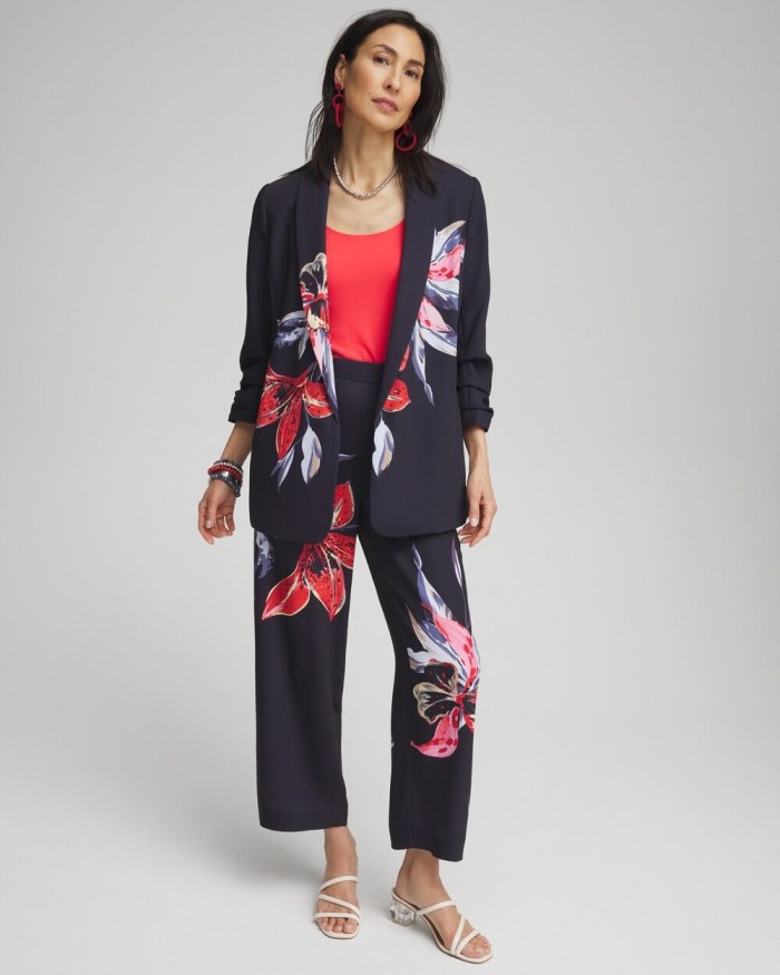 Women's Floral Ruched Sleeve Soft Jacket - Classic Navy