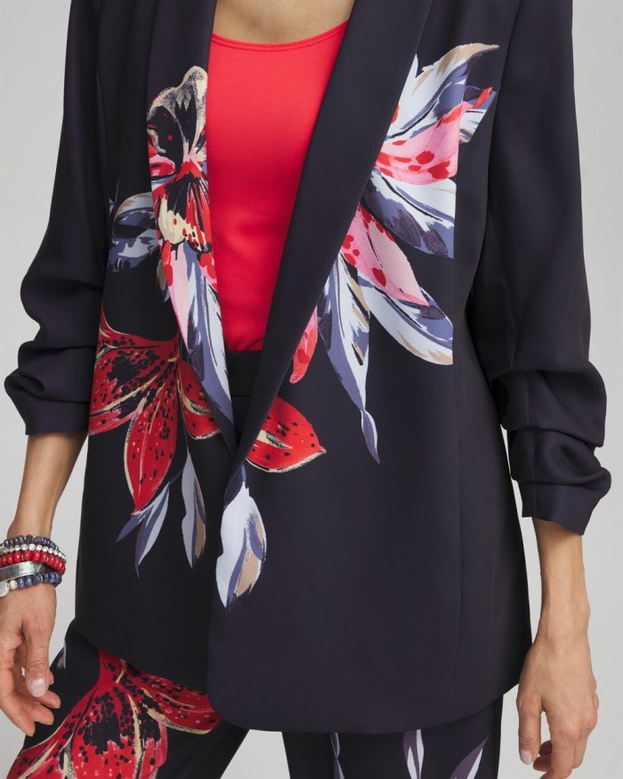 Women's Floral Ruched Sleeve Soft Jacket - Classic Navy