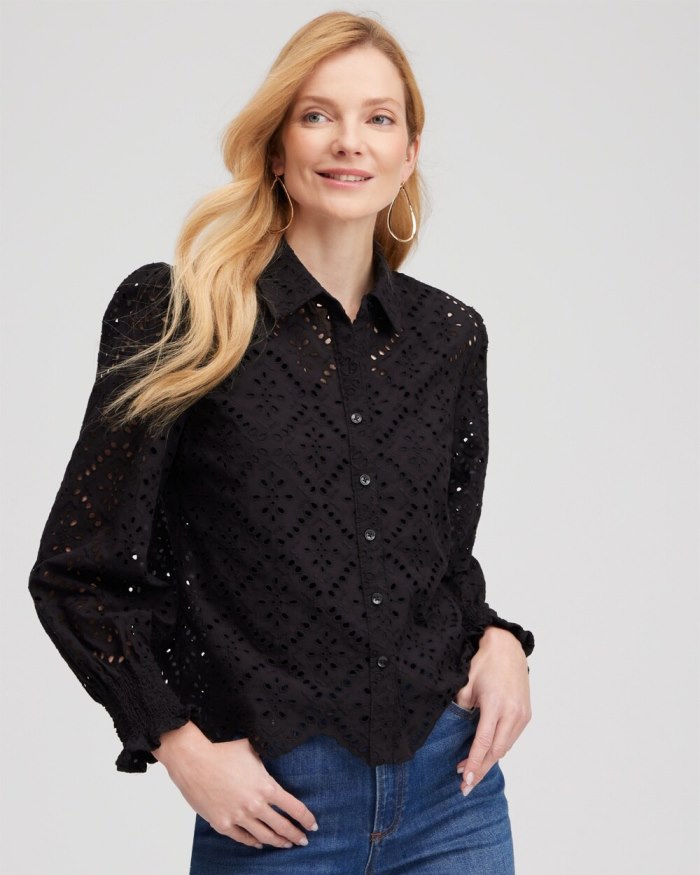 Women's Eyelet Scallop Hem Blouse - Black - Click Image to Close