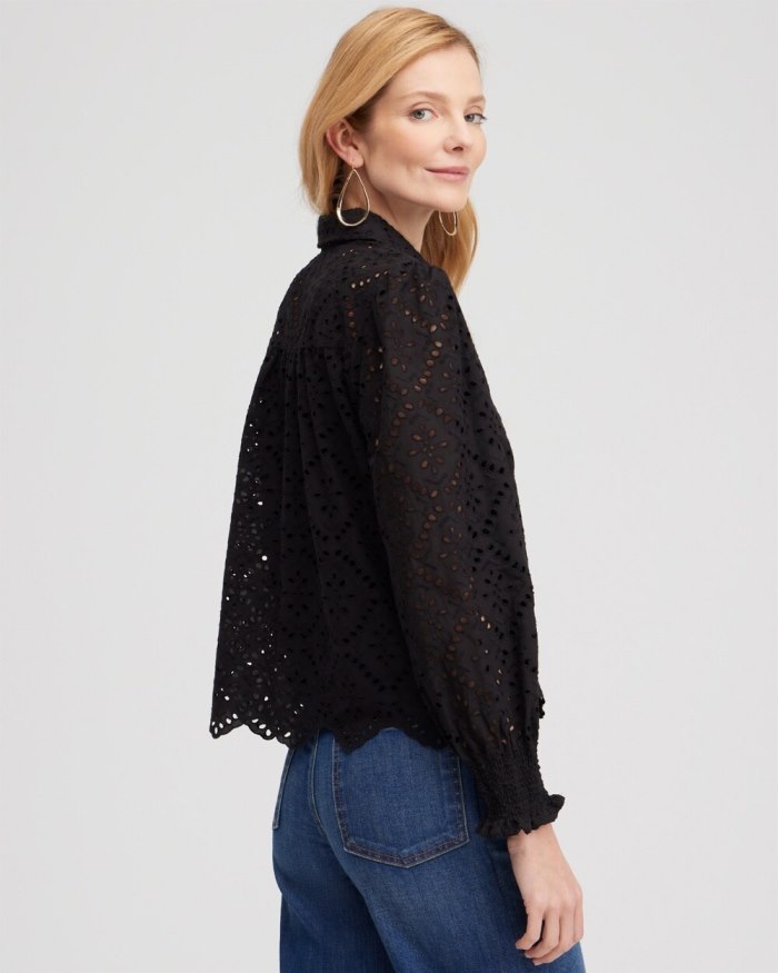 Women's Eyelet Scallop Hem Blouse - Black