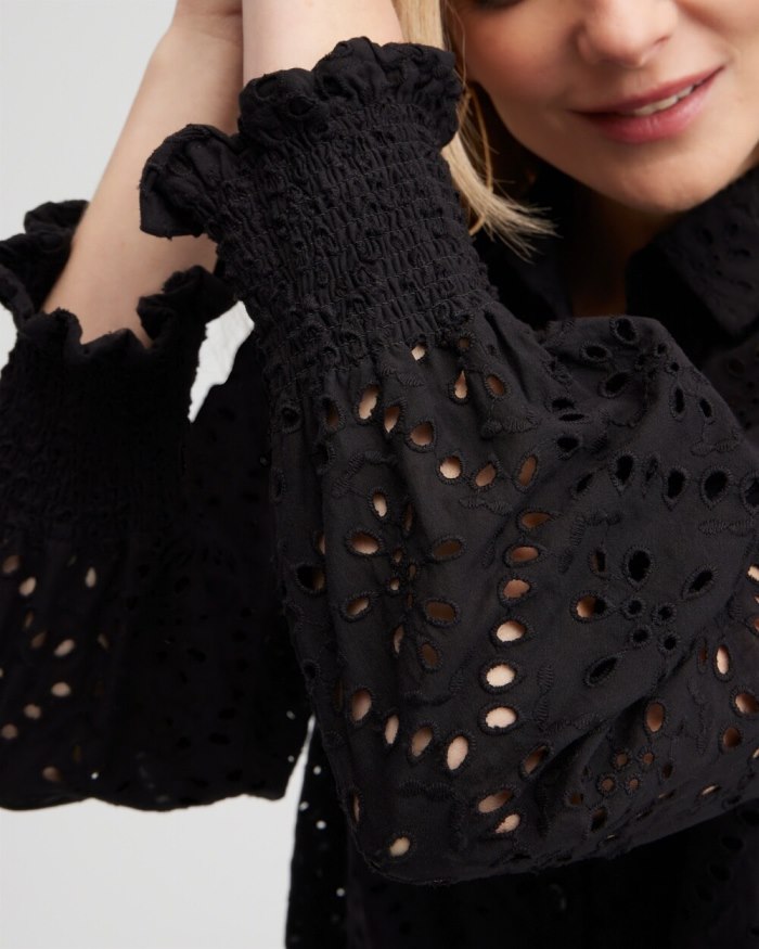 Women's Eyelet Scallop Hem Blouse - Black