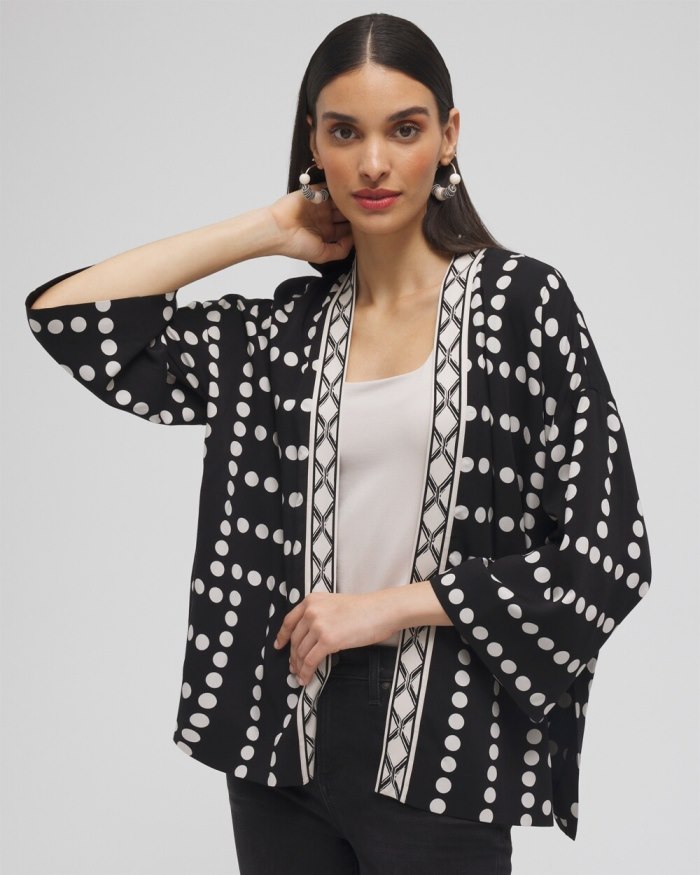 Women's Silk Blend Mixed Print Kimono - Black - Click Image to Close