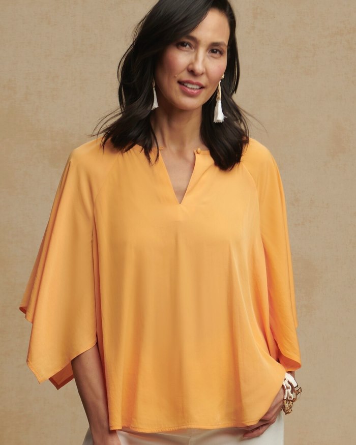 Women's Satin Keyhole Neck Blouse - Mango Sorbet