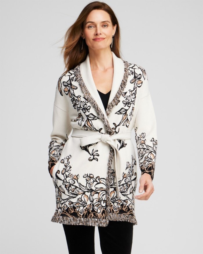 Women's Fringe Jacquard Cardigan - Black