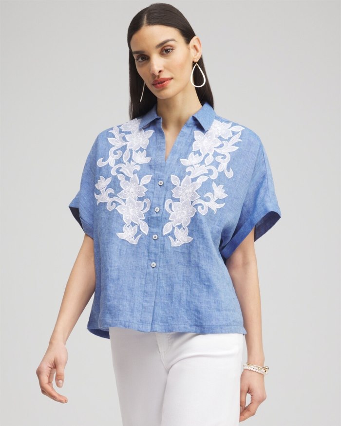 Women's Linen Embroidered Applique Shirt - Indigo