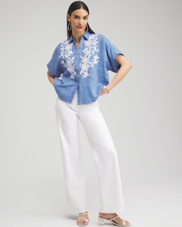 Women's Linen Embroidered Applique Shirt - Indigo