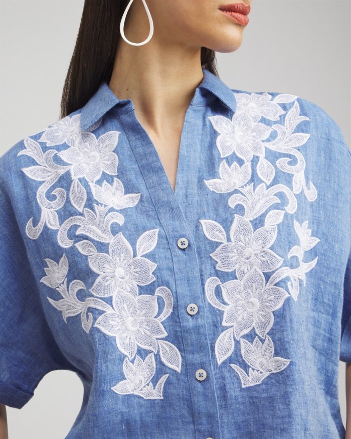 Women's Linen Embroidered Applique Shirt - Indigo