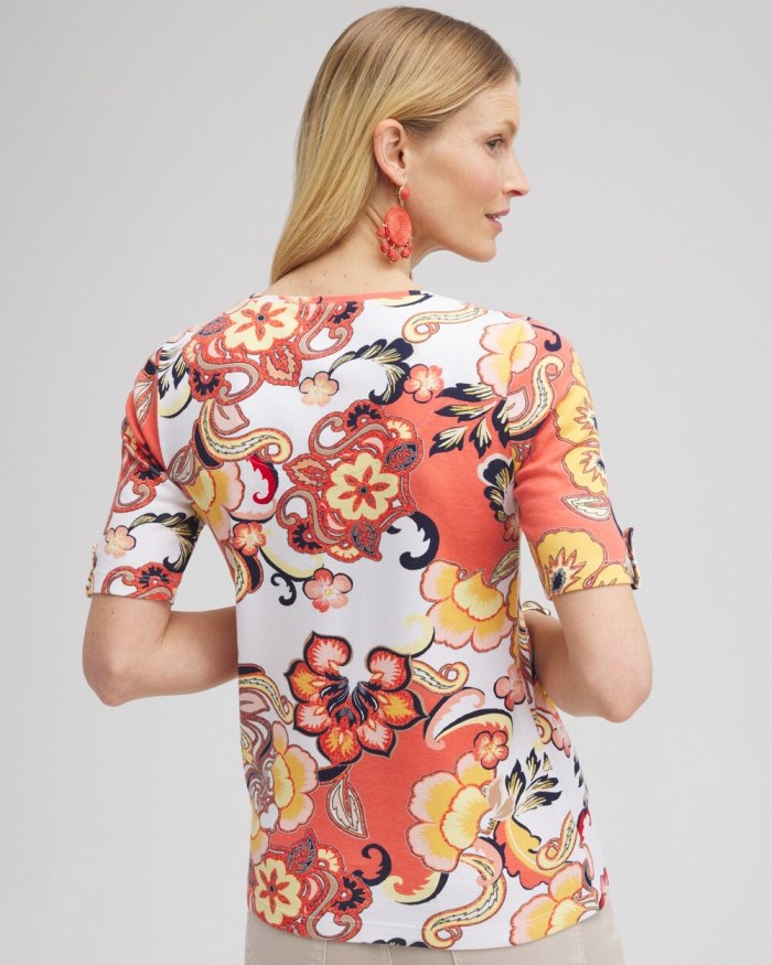 Women's Paisley Elbow Sleeve Cotton Tee - Nectarine