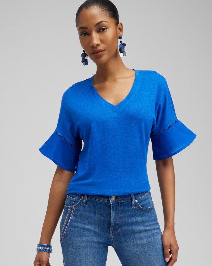 Women's Linen Blend Flutter Sleeve Top - Intense Azure