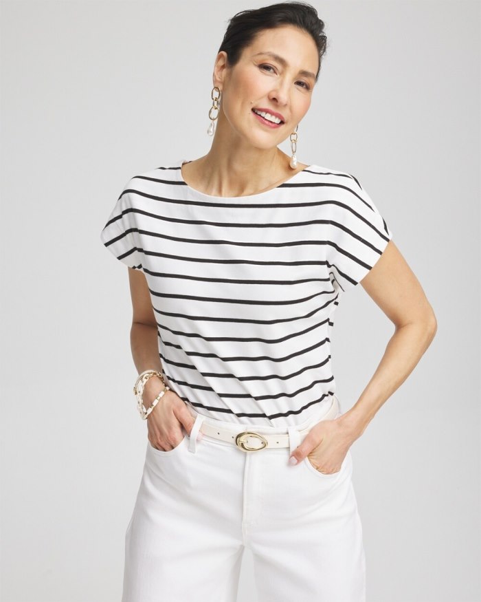 Women's Stripe Modern Cap Sleeve Tee - Alabaster - Click Image to Close