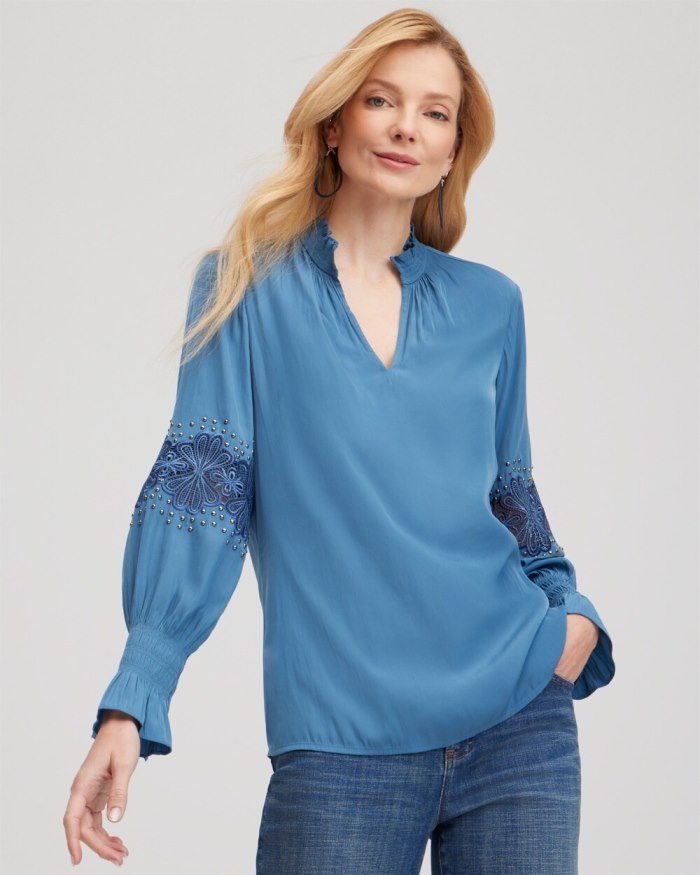 Women's Floral Lace Detail Top - Blue Echo - Click Image to Close