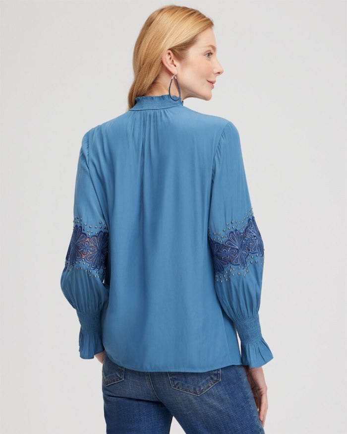 Women's Floral Lace Detail Top - Blue Echo