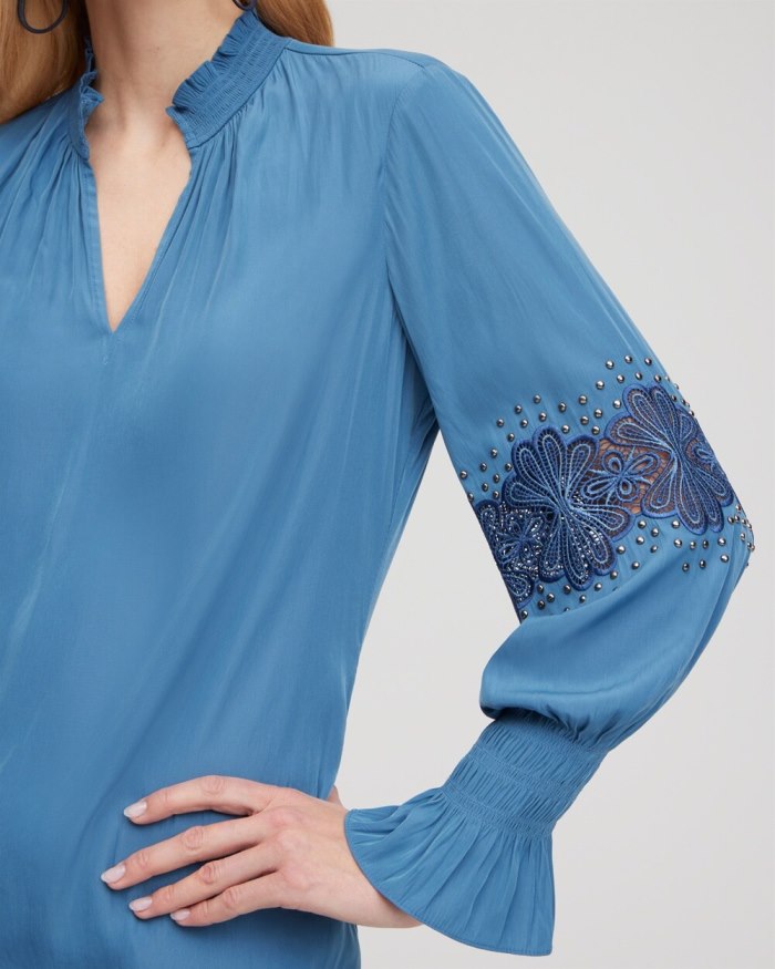 Women's Floral Lace Detail Top - Blue Echo