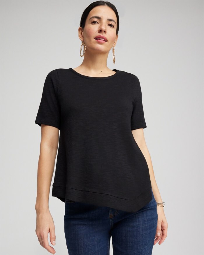 Women's Asymmetrical Elbow Sleeve Tee - Black - Click Image to Close