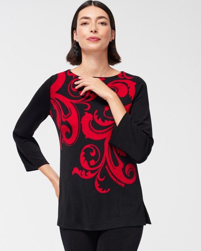 Women's Travelers Scroll Print Bell Sleeve Tunic - Red Allure