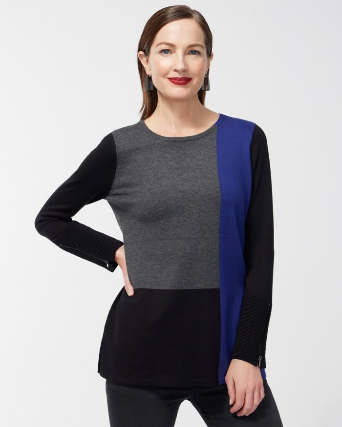 Women's Colorblock Zipper Detail Sweater Tunic - Cobalt Night - Click Image to Close