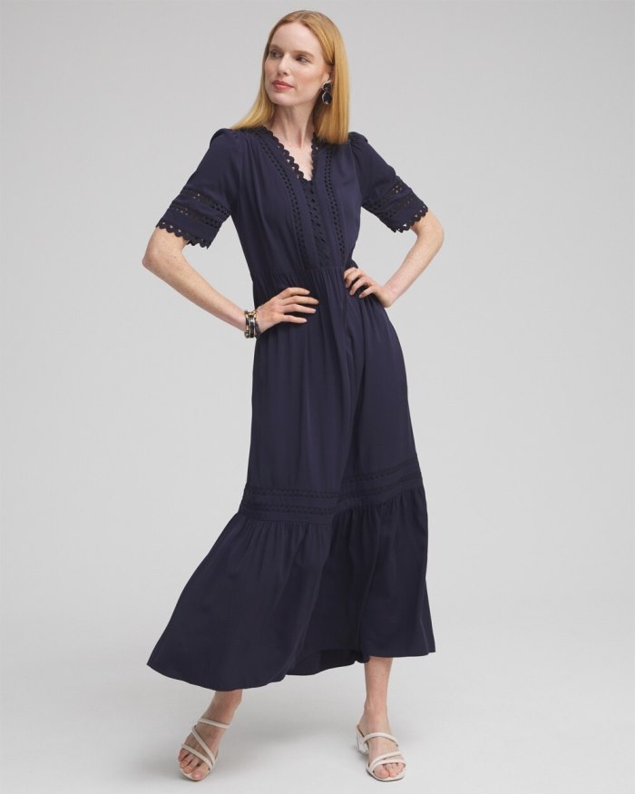 Women's Silk Blend Ric Rac Trim Dress - Classic Navy