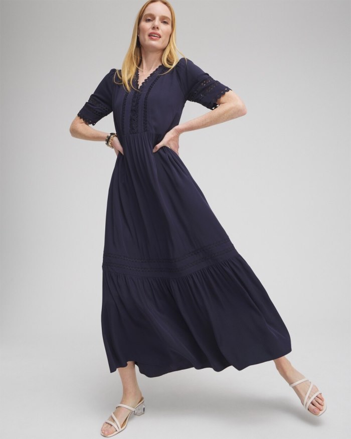 Women's Silk Blend Ric Rac Trim Dress - Classic Navy