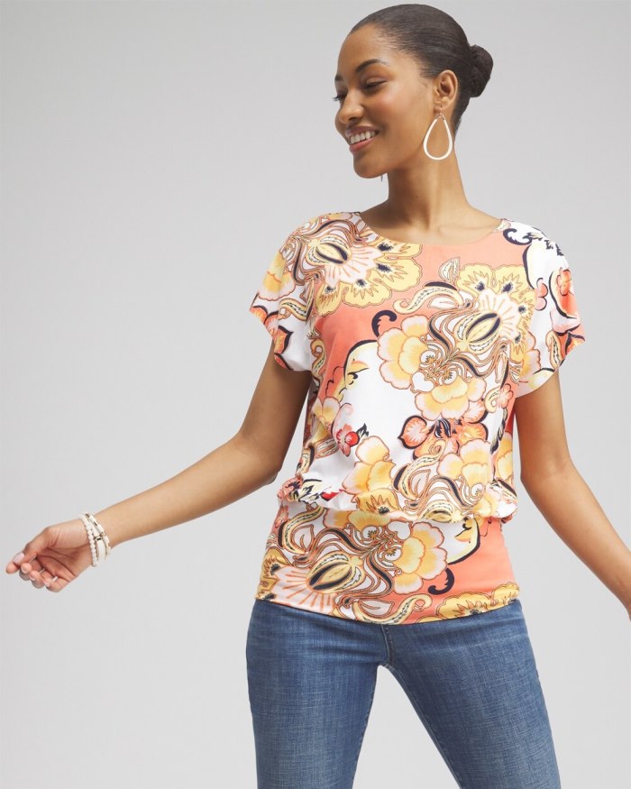 Women's Touch of Cool Floral Banded Hem Tee - Mango Sorbet - Click Image to Close