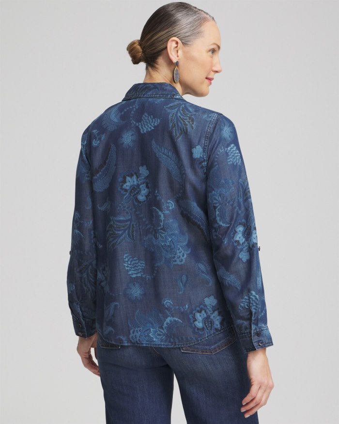 Women's Twill Floral Fringe Shirt - Denim