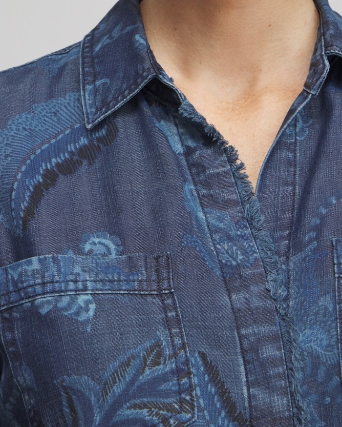 Women's Twill Floral Fringe Shirt - Denim