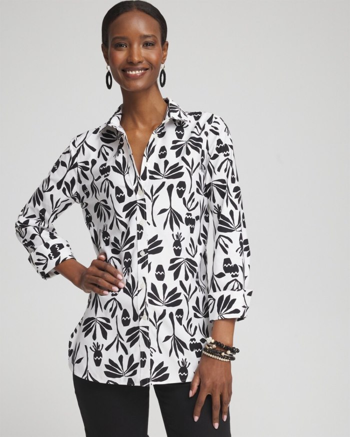 Women's No Iron Stretch Pottery Shirt - Optic White/Black - Click Image to Close