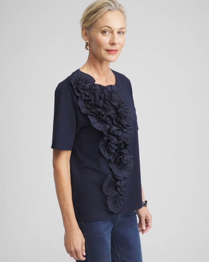 Women's 3D Floral Applique Ruffle Tee - Classic Navy