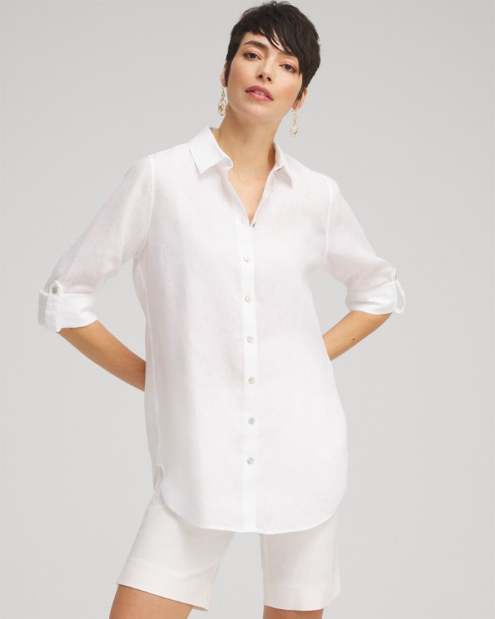 Women's No Iron Linen Tunic - Optic White - Click Image to Close