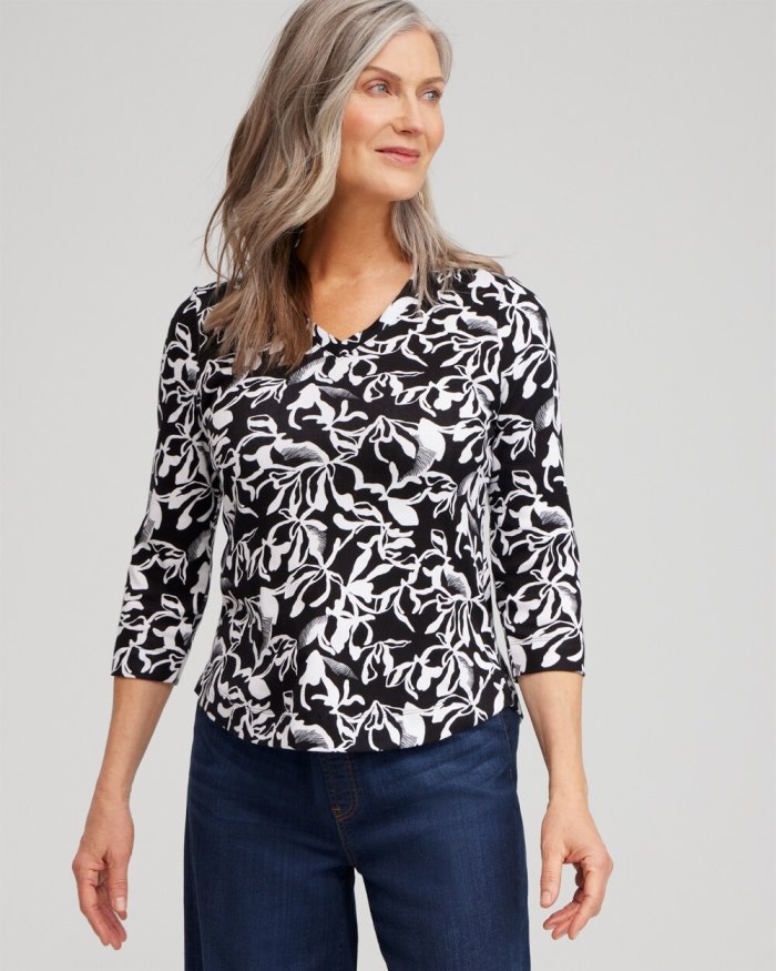 Women's Abstract Print V-neck 3/4 Sleeve Tee - Black