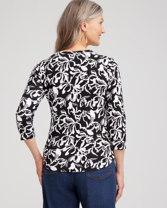 Women's Abstract Print V-neck 3/4 Sleeve Tee - Black