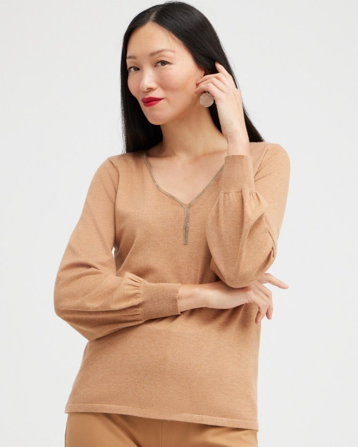 Women's Caviar Trim V-Neck Pullover Sweater - Faux Camel Heather - Click Image to Close