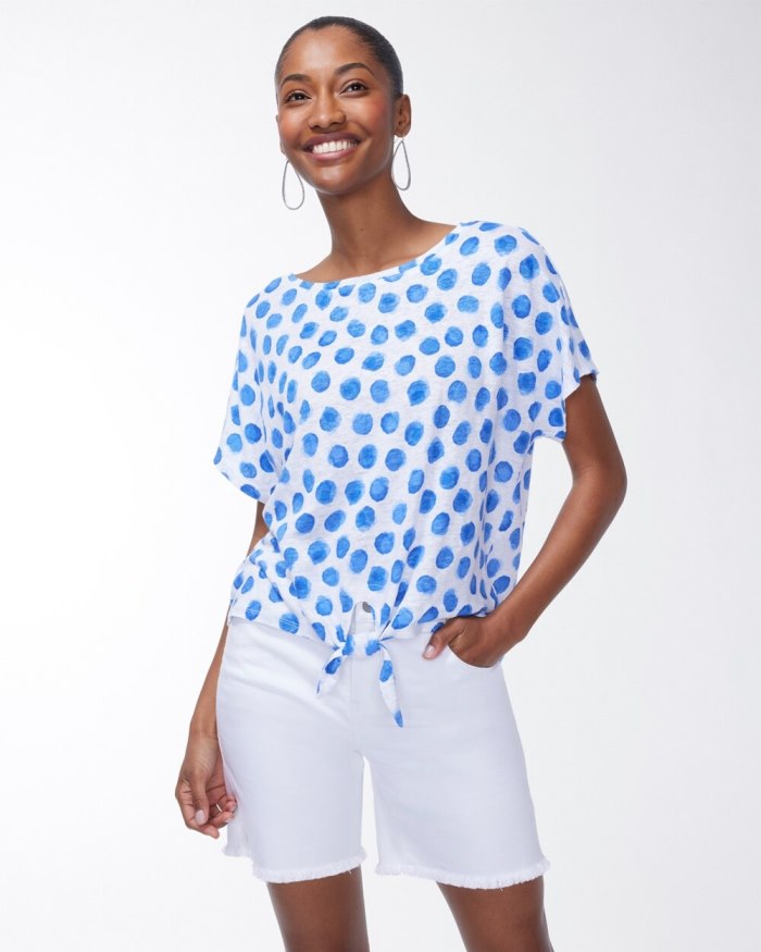 Women's Linen Blue Dots Tie Front Tee - Poolside Blue