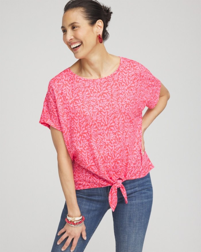 Women's Linen Reef Tie Front Tee - Watermelon Punch - Click Image to Close