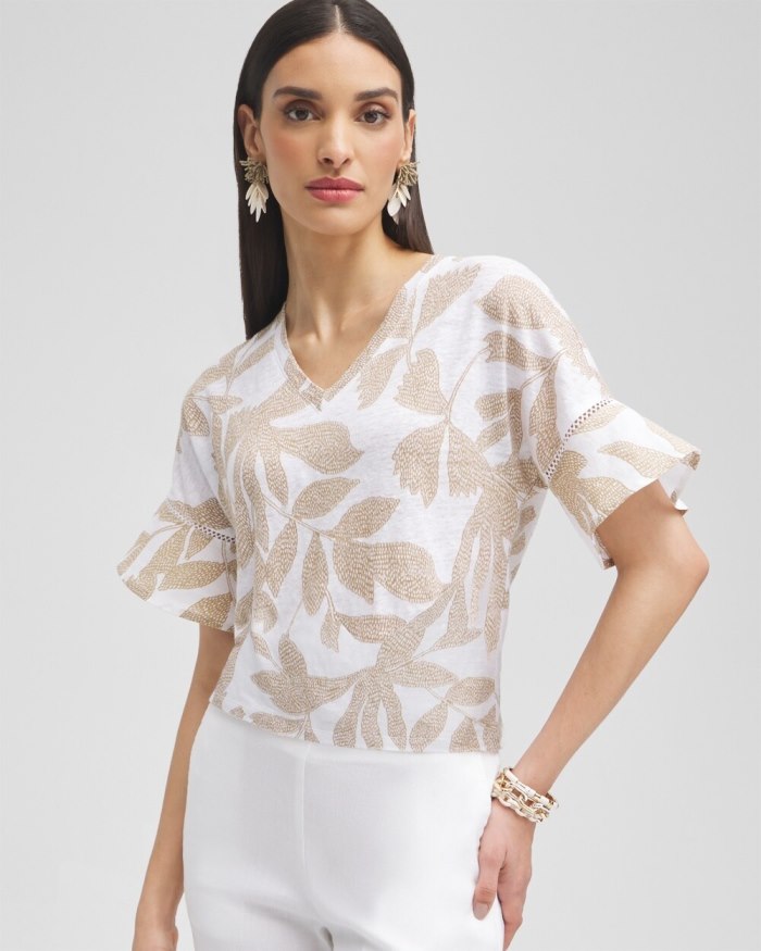 Women's Leaves Linen Blend Flutter Sleeve Top - Sycamore