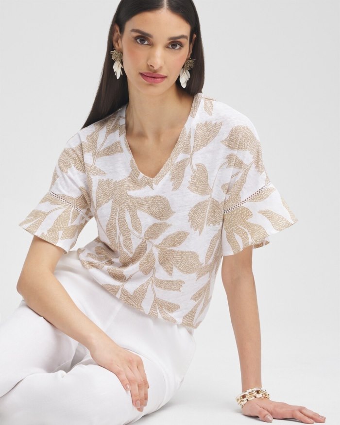 Women's Leaves Linen Blend Flutter Sleeve Top - Sycamore