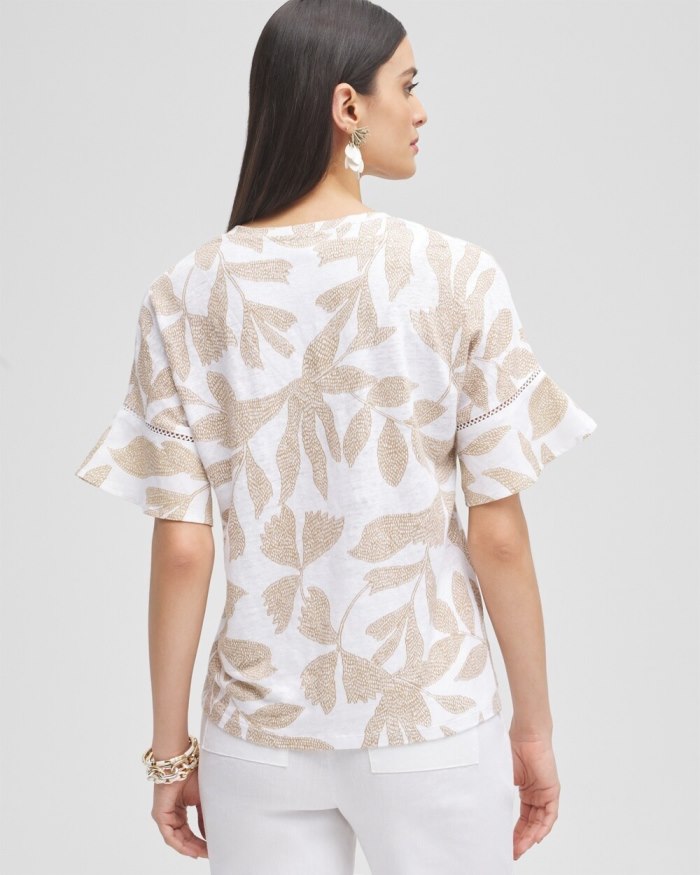 Women's Leaves Linen Blend Flutter Sleeve Top - Sycamore