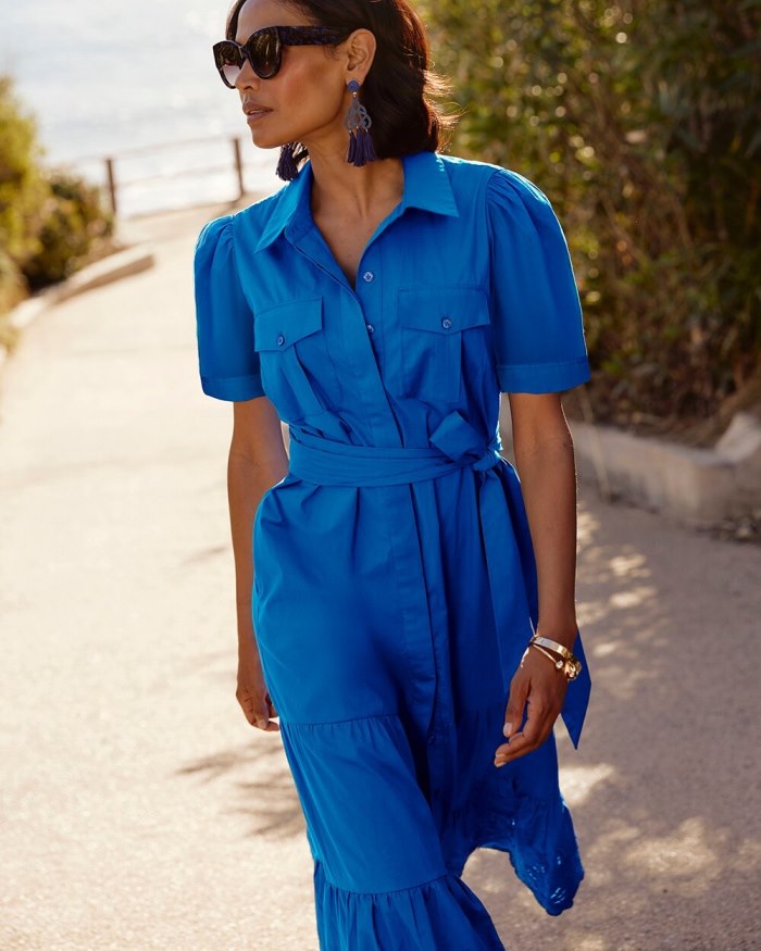 Women's Poplin Cutout Shirt Dress - Intense Azure - Click Image to Close